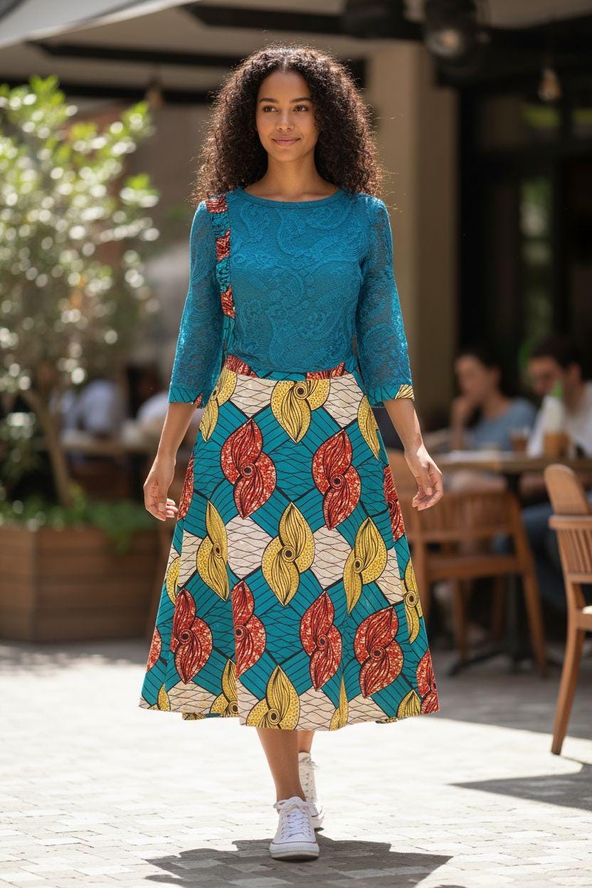 Conjunto Amara composto por Saia em Capulana, Blusa de renda, Casaco amarelo de felpa | Made4you® | Peças vendidas em separado ou conjunto