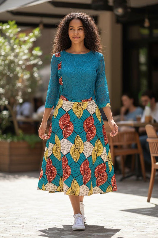 Conjunto Amara composto por Saia em Capulana, Blusa de renda, Casaco amarelo de felpa | Made4you® | Peças vendidas em separado ou conjunto