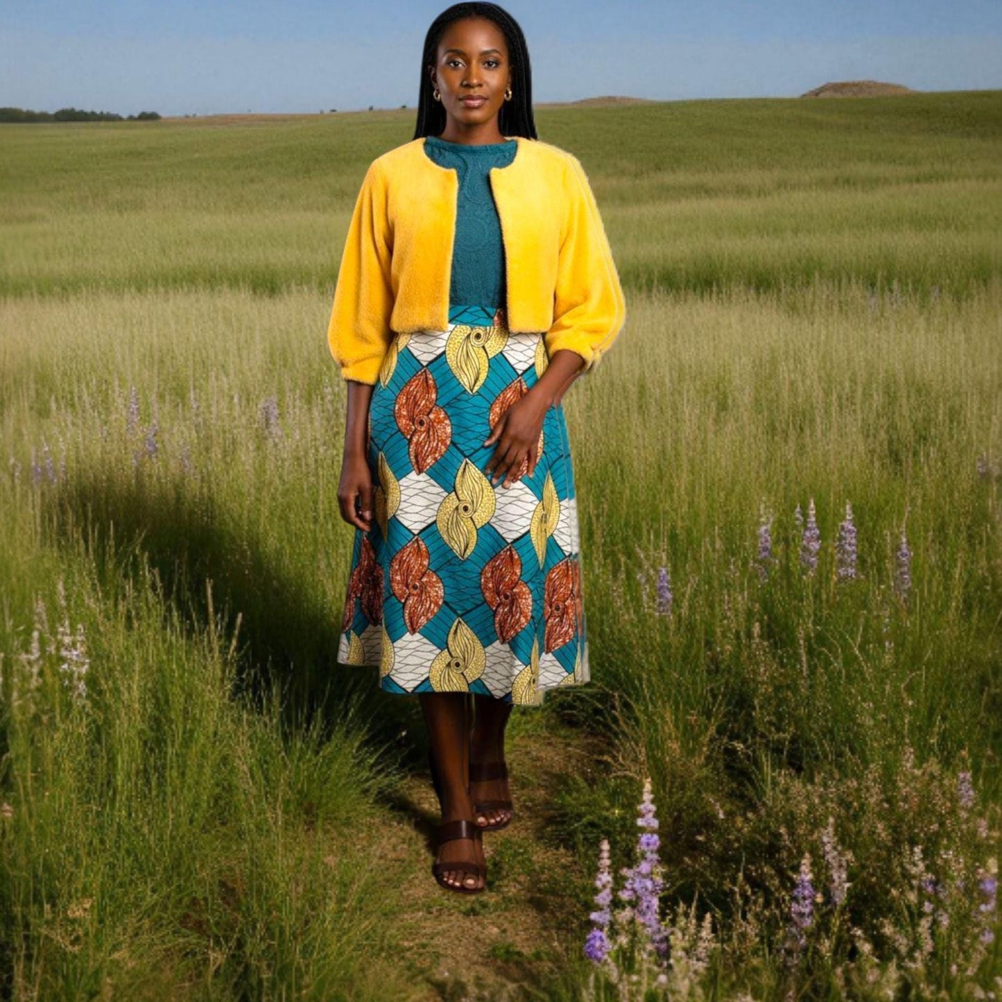 Conjunto Amara composto por Saia em Capulana, Blusa de renda, Casaco amarelo de felpa | Made4you® | Peças vendidas em separado ou conjunto