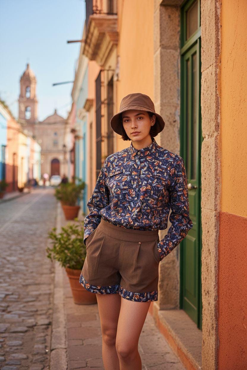 Conjunto Calção + Camisa + Chapéu | Conjunto Andorinha | Made4you® | Camisa tropical e calções em tons terra | Moda portuguesa artesanal