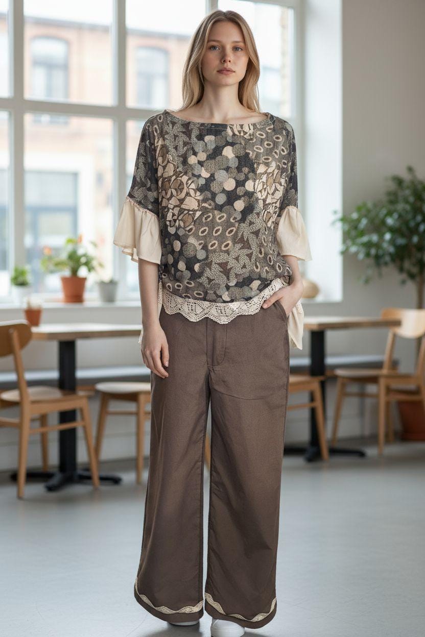 Conjunto Bruma – Blusa fluida estampada e calça chocolate com renda | Coordenado elegante feminino | Roupa confortável, sofisticada Made4you