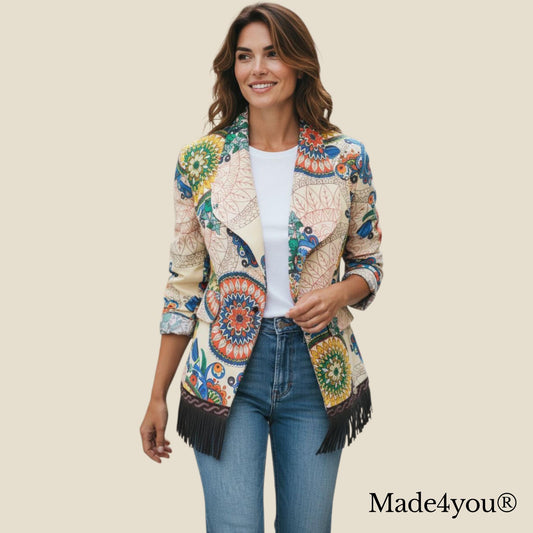 Casaco de senhora em bege e castanho com franjas de cabedal tamanho 42