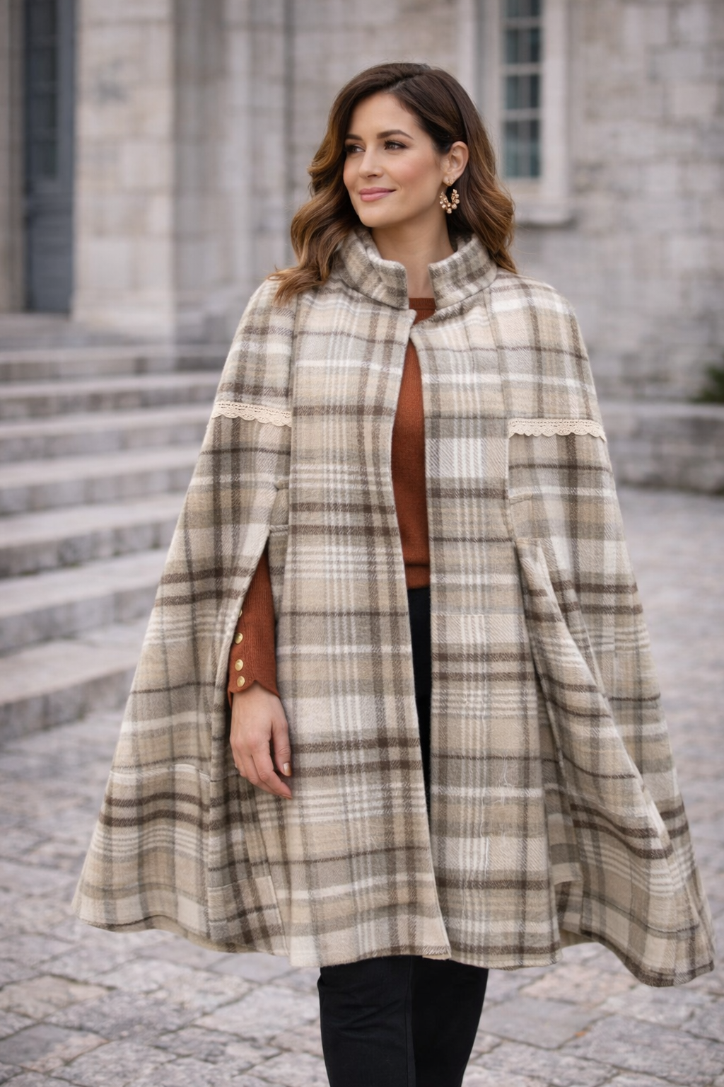 Capa de inverno para senhora em tecido xadrez, Casaco de inverno, Capa, Women Coat