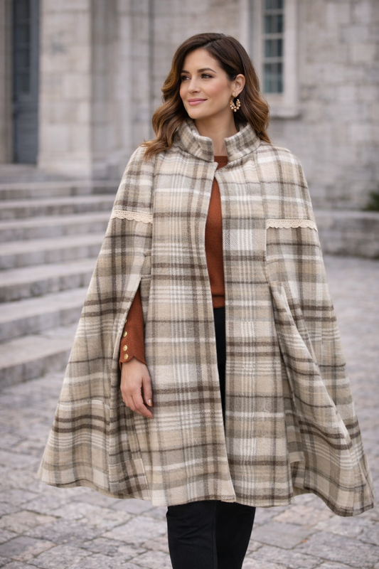 Capa de inverno para senhora em tecido xadrez, Casaco de inverno, Capa, Women Coat