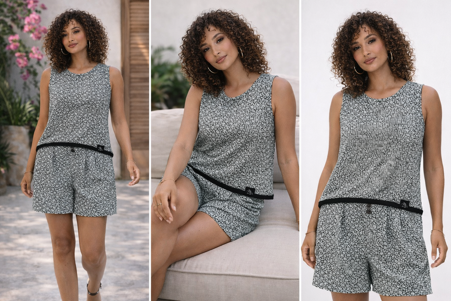 Conjunto Floral de Verão – Top Largo e Calção com Prega