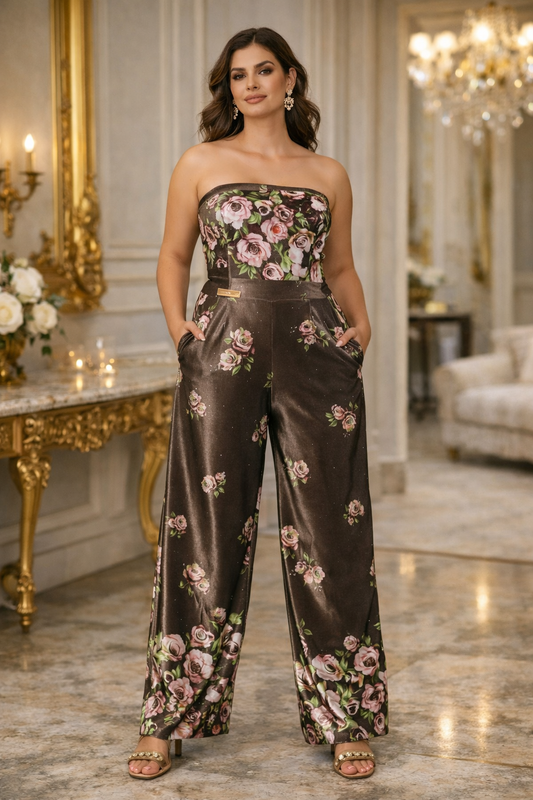 Macacão cai-cai em veludo floral Made4you® 🤎 Peça Única